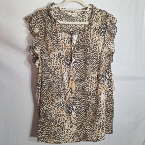 Indigo Rose Womens Leopard Blouse Cap Sleeve Ruffle Tie Neck Brown Black 3X - Picture 4 of 13